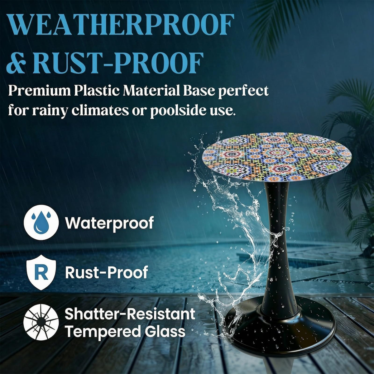 Simmer Stone plant stand and drinks table supports greenery and refreshments outdoors.