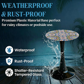 Simmer Stone plant stand and drinks table supports greenery and refreshments outdoors.