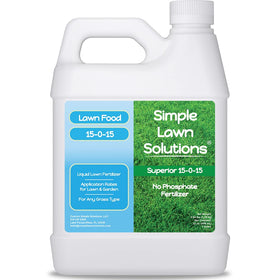 Simple Lawn Solutions 15-0-15 liquid fertilizer bottle promotes lush, even green lawn.