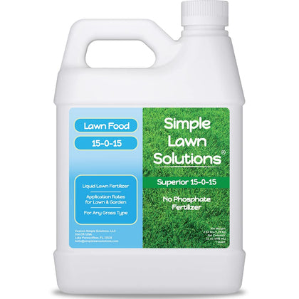 Simple Lawn Solutions 15-0-15 liquid fertilizer bottle promotes lush, even green lawn.