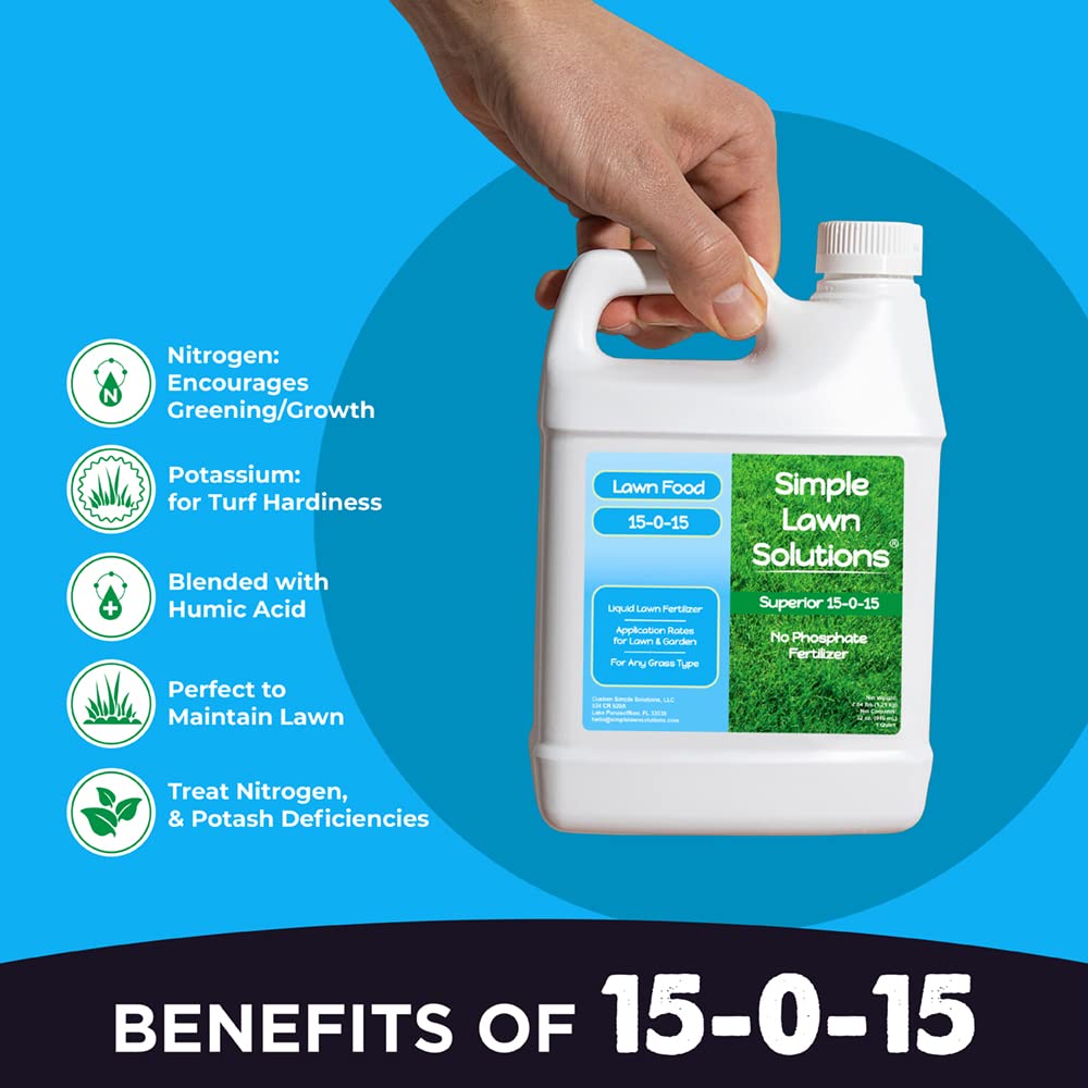 Simple Lawn Solutions 15-0-15 nitrogen-potassium blend spray boosts lawn vigor.