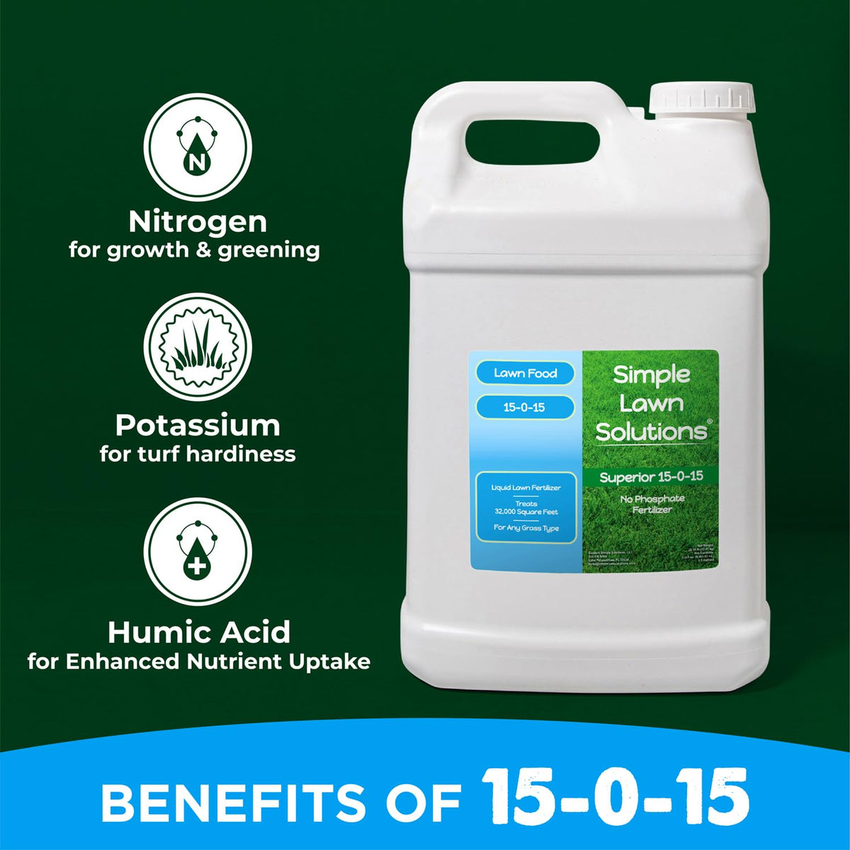 Simple Lawn Solutions 15-0-15 covers up to 32,000 sq ft for large lawns.