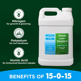 Simple Lawn Solutions 15-0-15 covers up to 32,000 sq ft for large lawns.