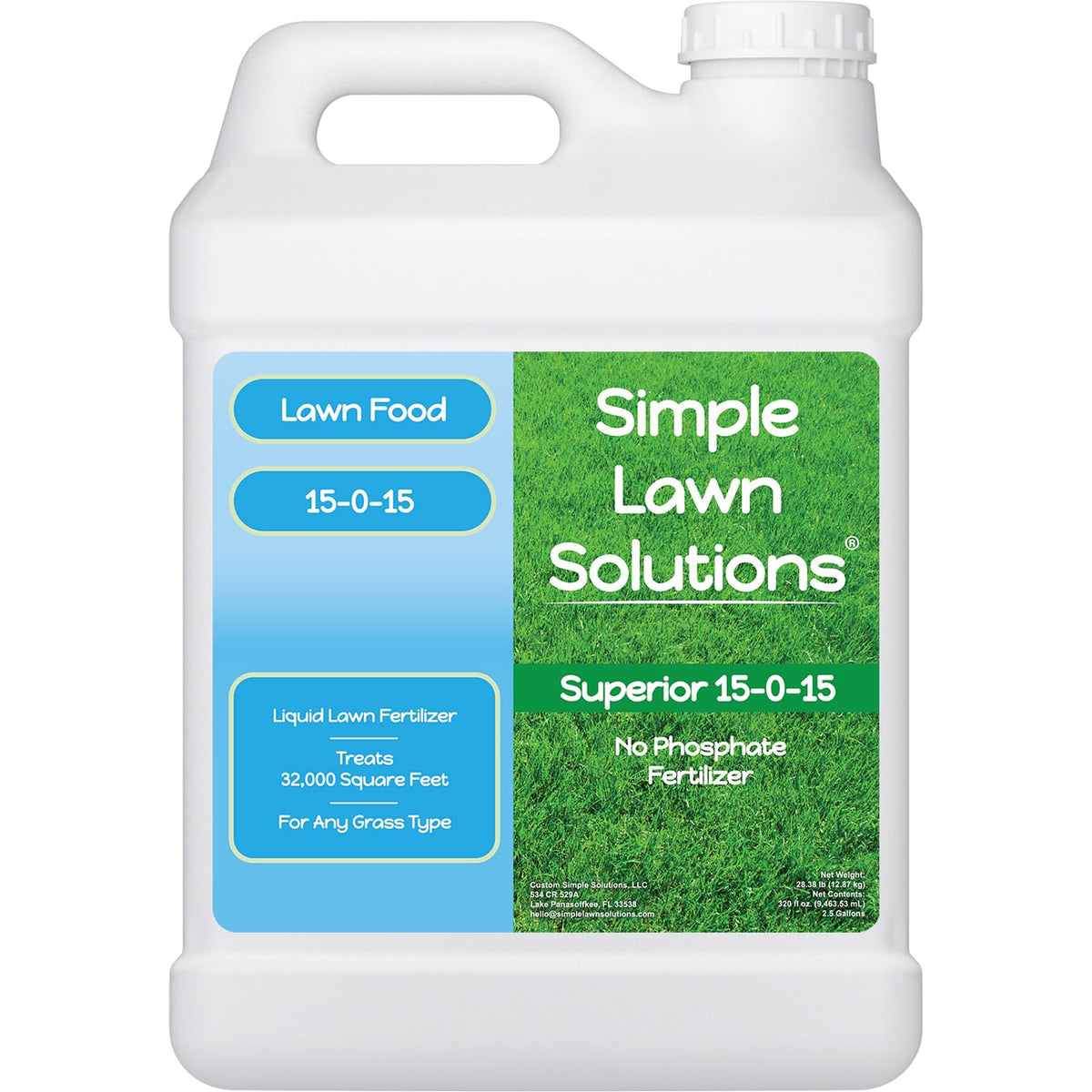 Simple Lawn Solutions 15-0-15 bottle pour for easy lawn application.