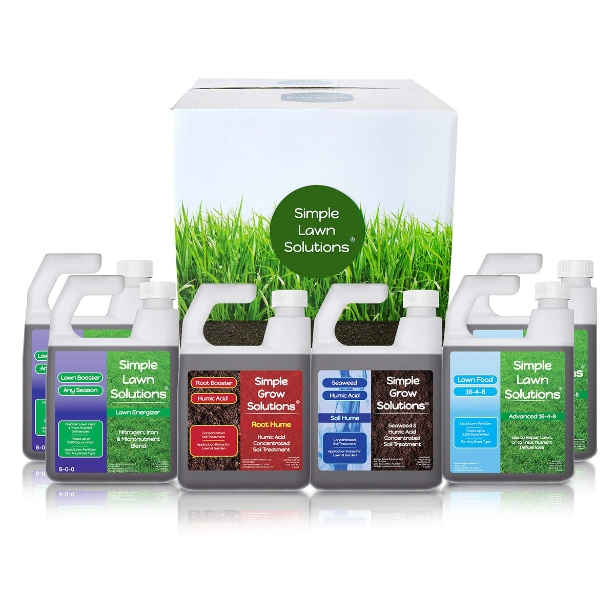 Simple Lawn Solutions Lawn Energizer 6-0-0 bottle with micronutrients for color.