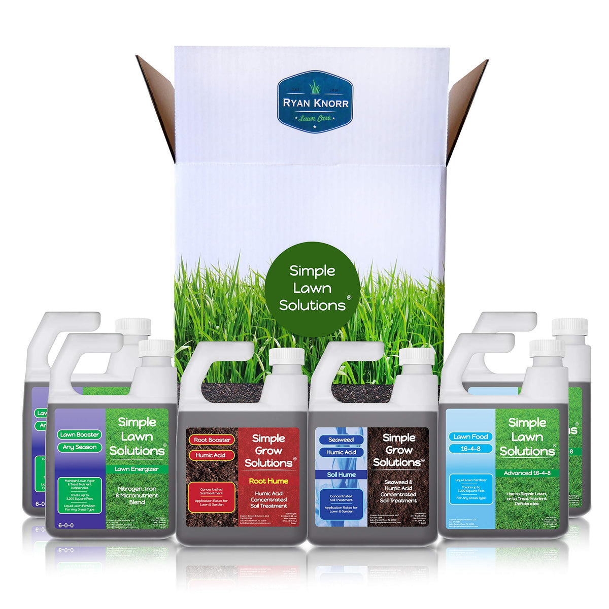 Simple Lawn Solutions Lawn Essentials Bundle Box with six items for a lush, even lawn.