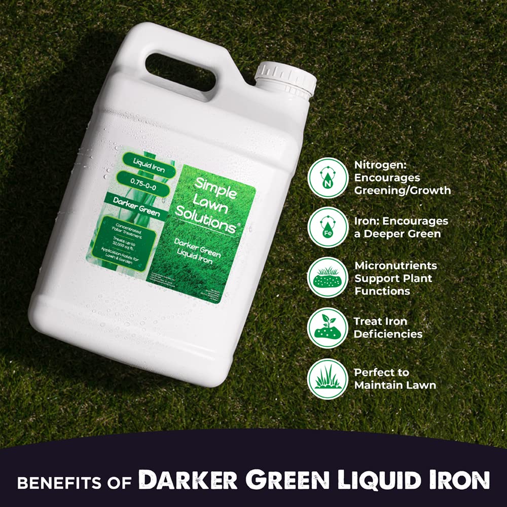 Label closeup of Simple Lawn Solutions Liquid Iron showing key micronutrients.