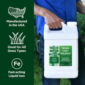Packaging of Simple Lawn Solutions Liquid Iron highlighting USA-made formula.