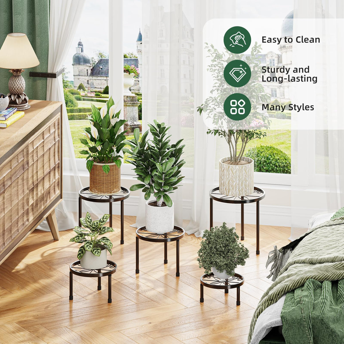 Versatile five-pack plant stands for indoor, balcony, patio, garden, or office decor