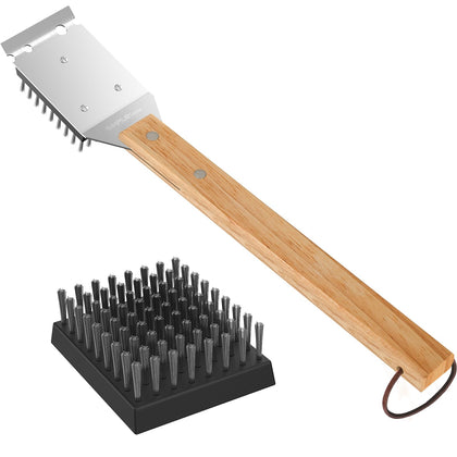 SIMPLETASTE grill brush and scraper in action delivering quick 2-in-1 cleanup.