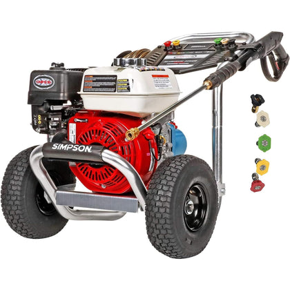 SIMPSON Aluminum Series pressure washer assembly shows a rugged frame for easy transport.