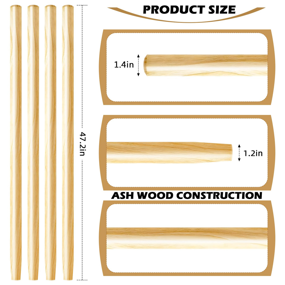 SINBDLAI ash wood shovel handle with tapered tip simplifies fitting to heads.