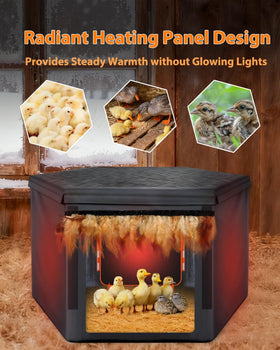 Sindarhor radiant heat panel provides safe warmth for poultry without hot lamps.