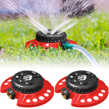 Singhoow two-pack red lawn sprinkler with nine patterns and durable metal base.