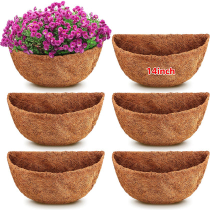 Singhoow 6-piece 14-inch half-round coco liner for hanging baskets preserves moisture for thriving plants.