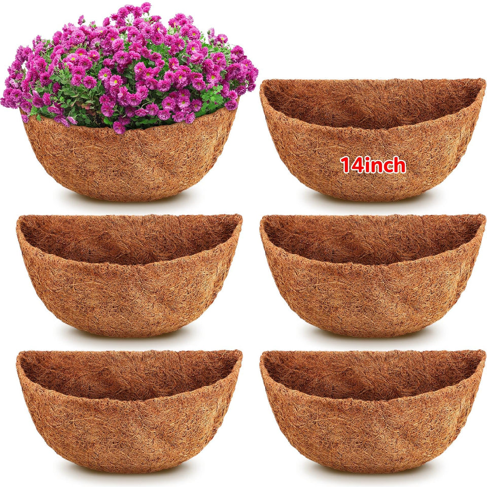 Singhoow 6-piece 14-inch half-round coco liner for hanging baskets preserves moisture for thriving plants.