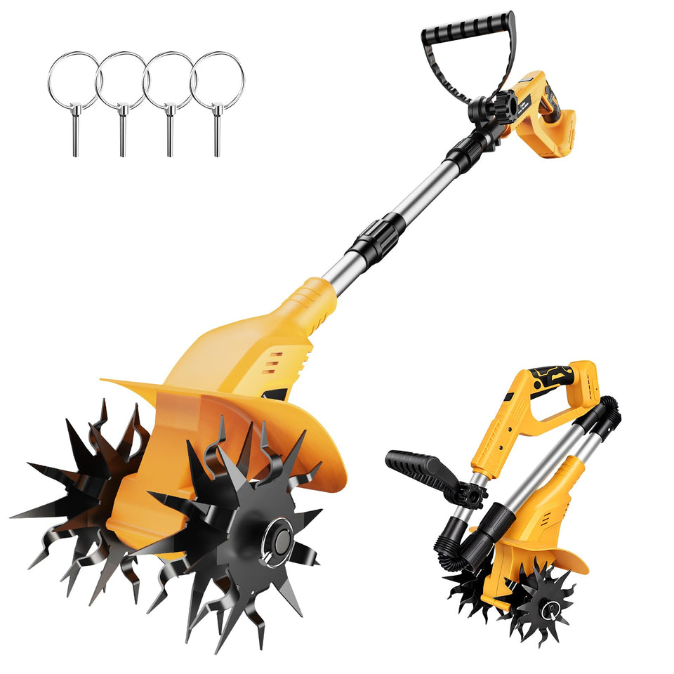 SINGTIP garden cordless tiller showing DeWalt 20V compatibility for cordless gardening