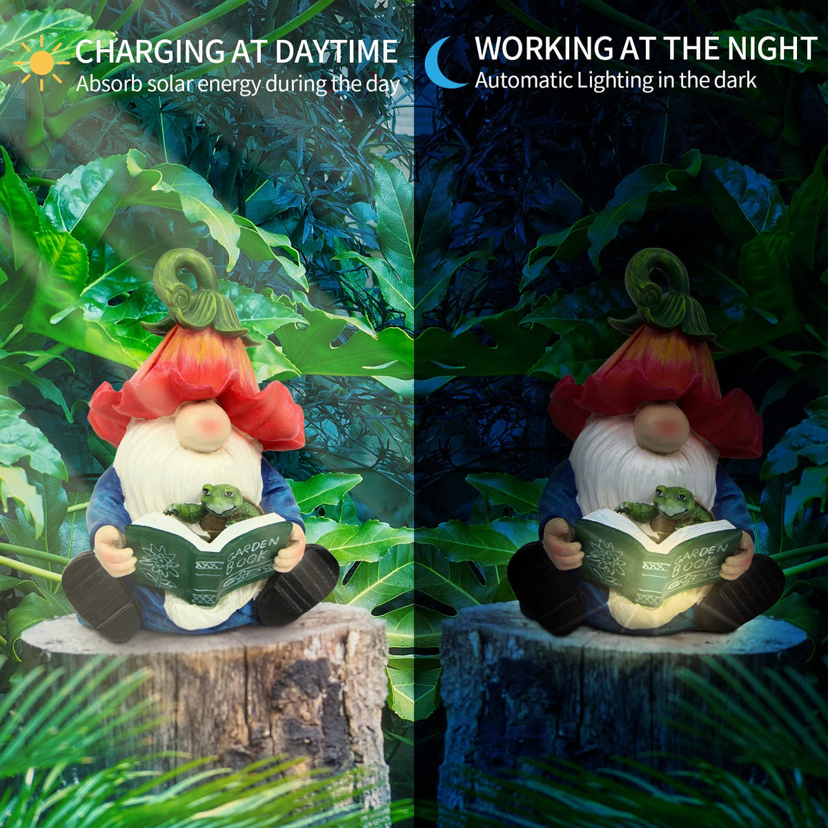 Sinhra resin gnome reading by porch light adds whimsy and durability.