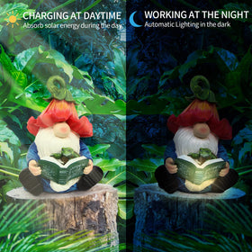 Sinhra resin gnome reading by porch light adds whimsy and durability.