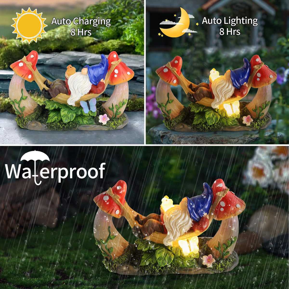 Sinhra weatherproof resin gnome suited for outdoor patio and porch use