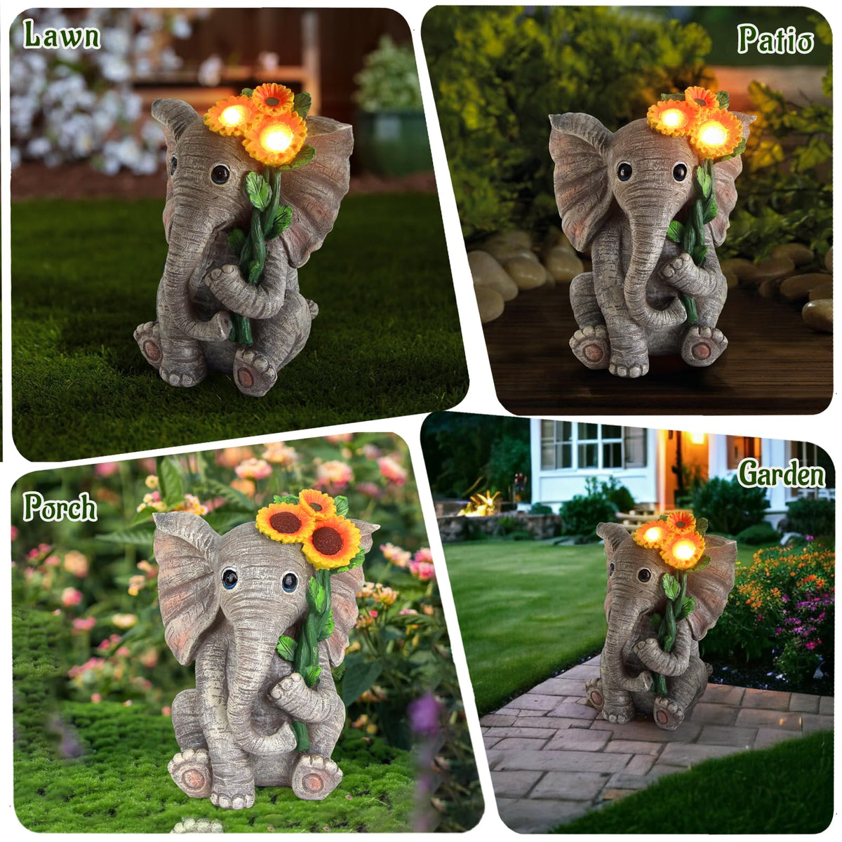 Sinhra weatherproof garden figurine withstands outdoor elements.