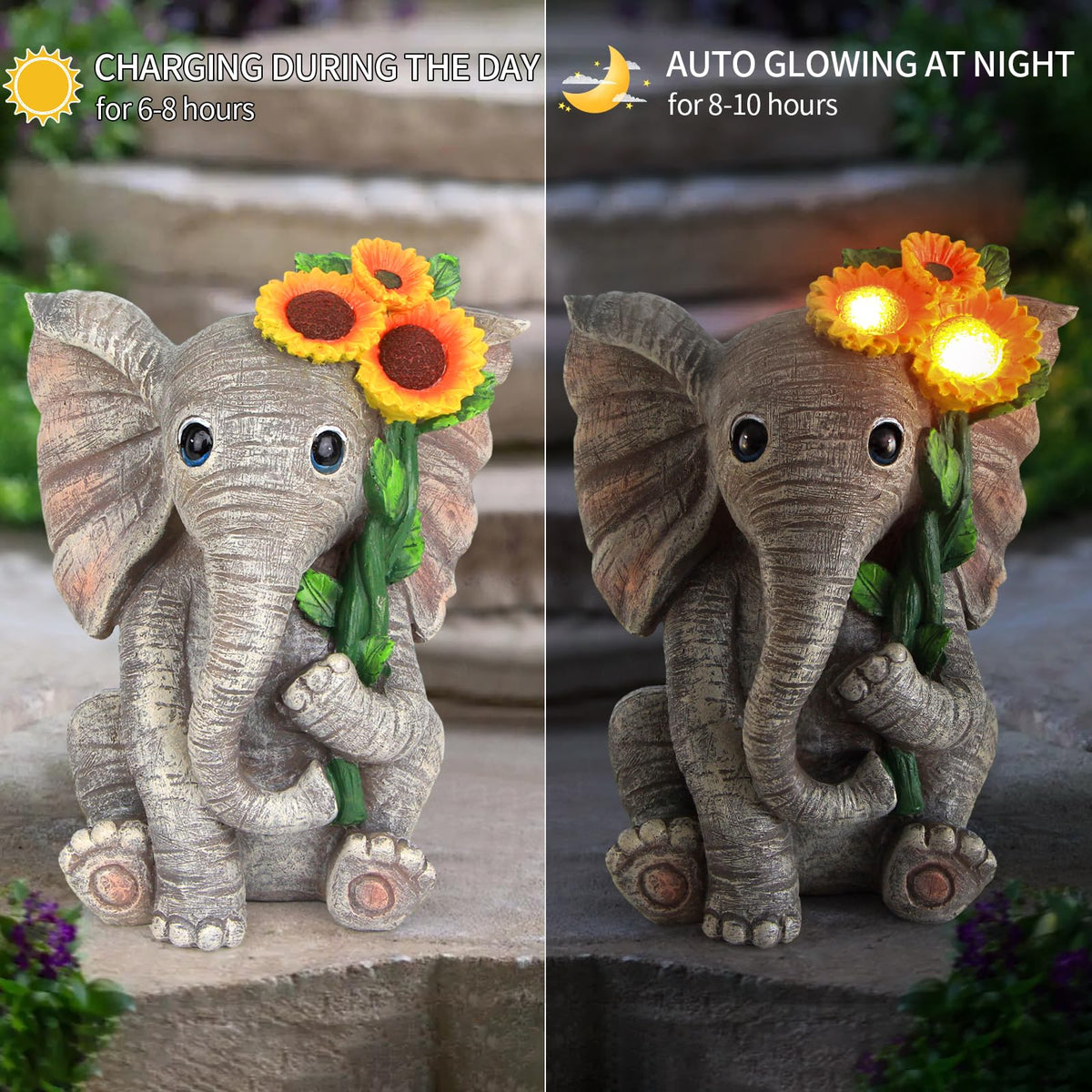 Sinhra yard art elephant statue enhances curb appeal at front porch.