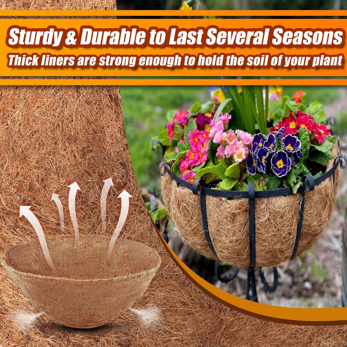 Sinimaka durable coir liner weaves to protect soil and plants through seasons.