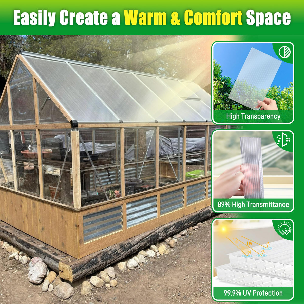 Sinimaka UV-coated clear sheet with high light transmission for plants.