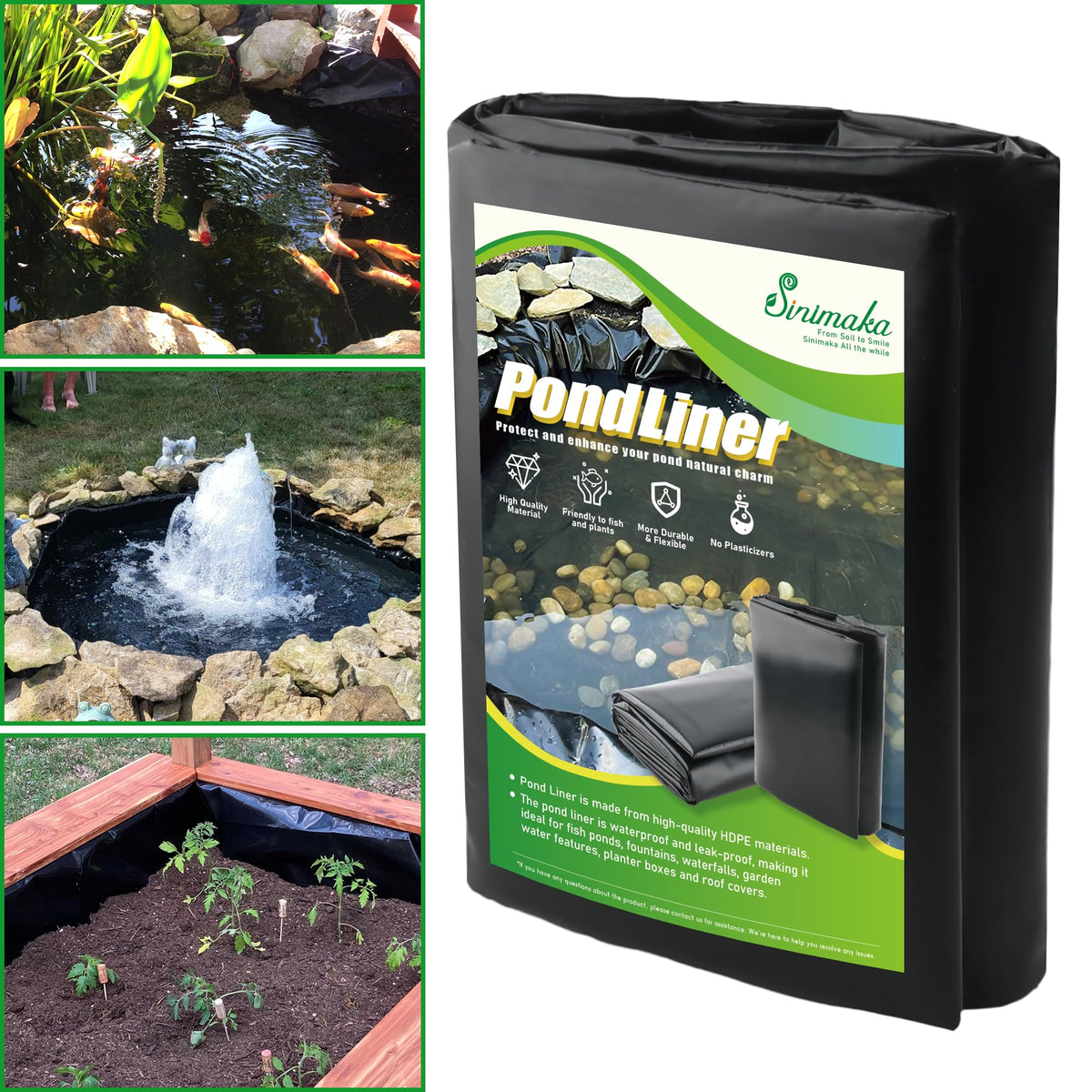 Sinimaka pond liner 16x20 ft showcases HDPE durability for outdoor ponds.