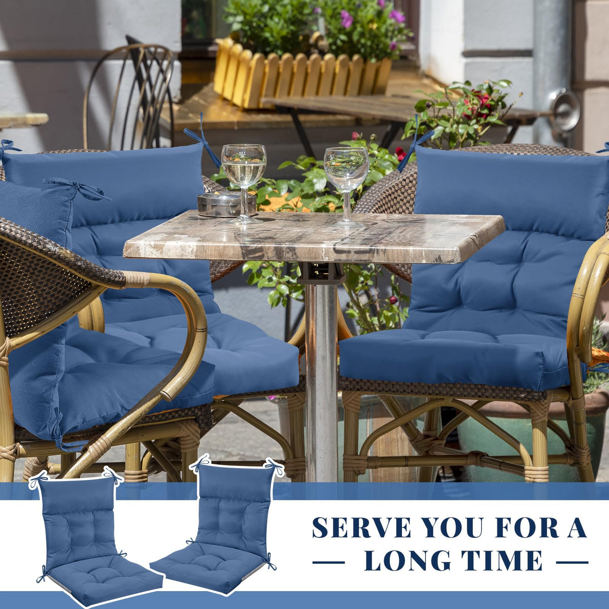 Sintuff full set ready to refresh multiple patio chairs with denim blue cushions.
