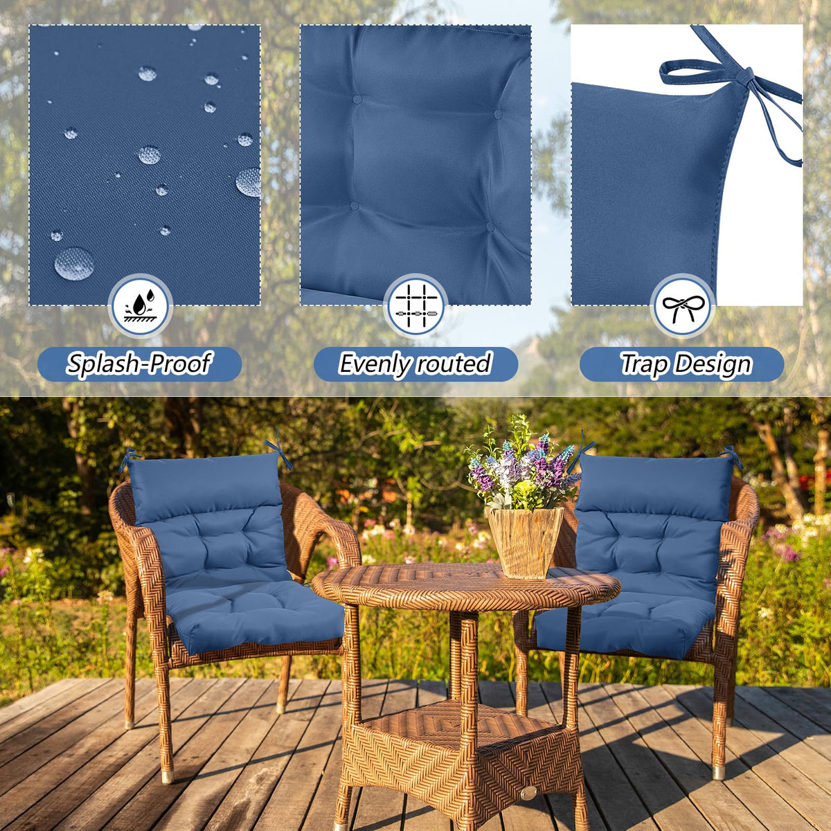 Sintuff cushions feature water-resistant fabric for outdoor versatility.