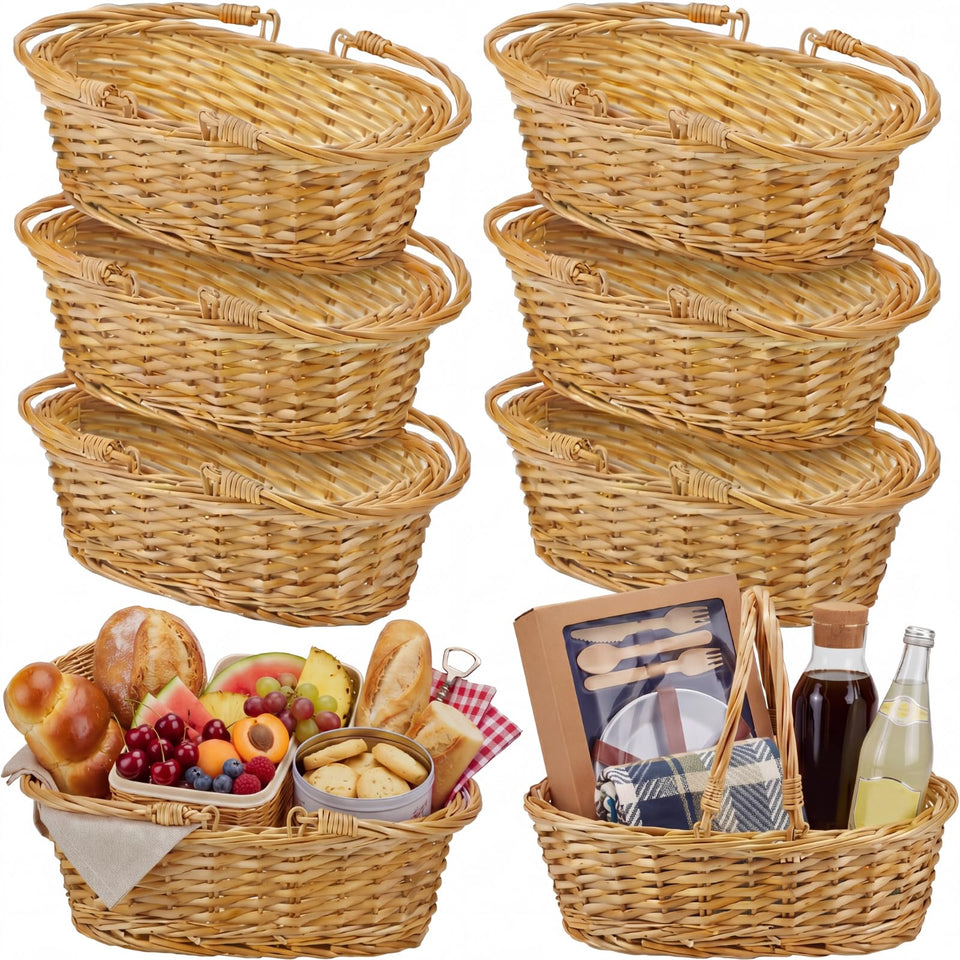 Sintuff six-piece wicker picnic baskets with handles for easy transport.