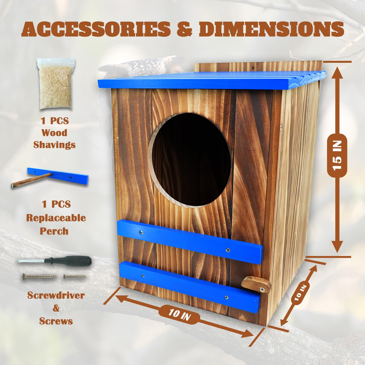 Charred pine nest box highlights durability and insect deterrence.
