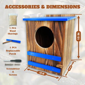 Charred pine nest box highlights durability and insect deterrence.
