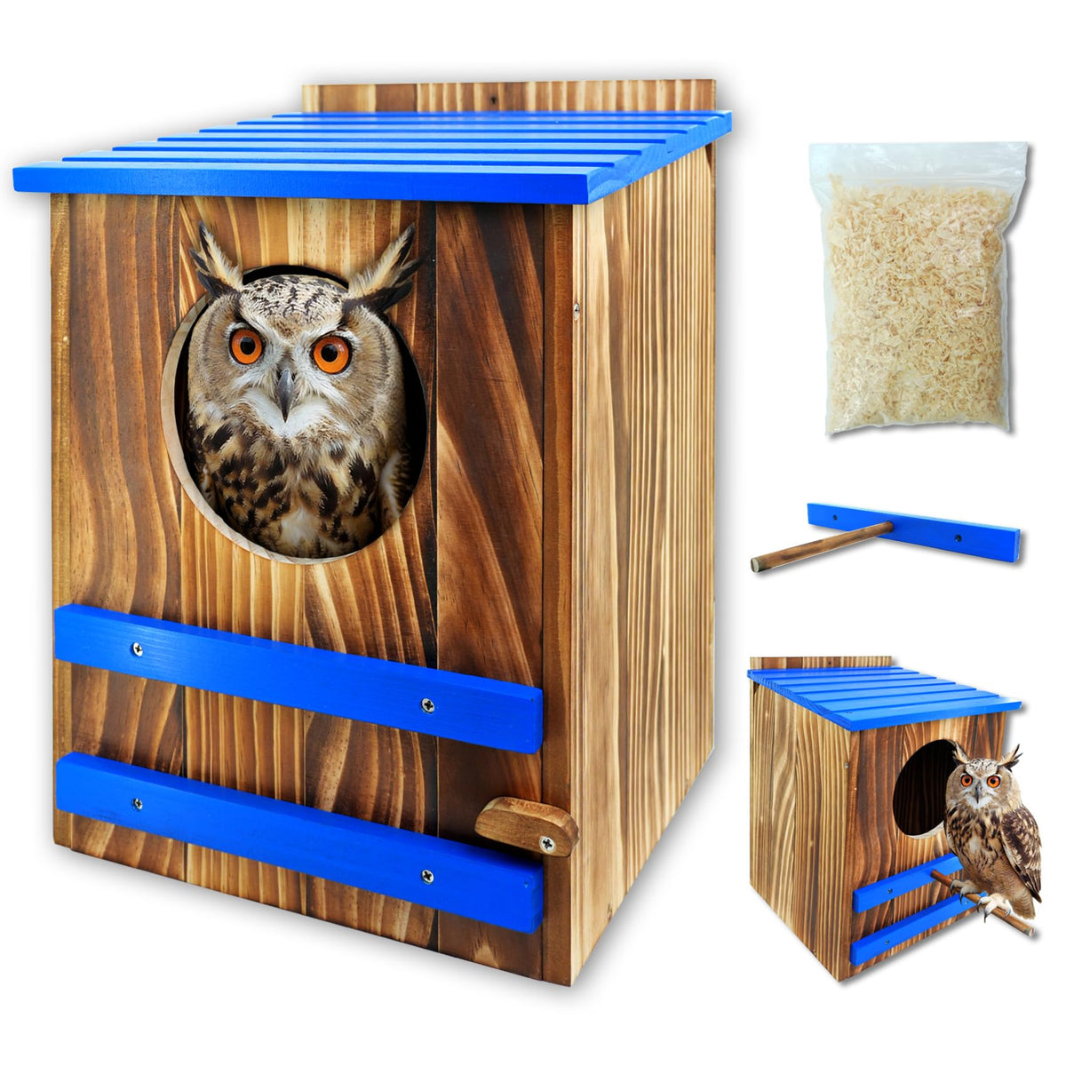 Sinuamanore Screech Owl House with blue roof in a garden setting.