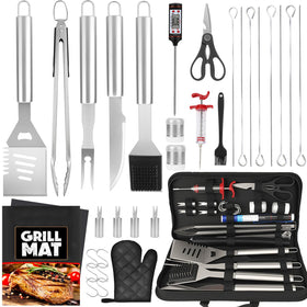SINZUX 32-piece grill set shown with tools and case for organized outdoor cooking