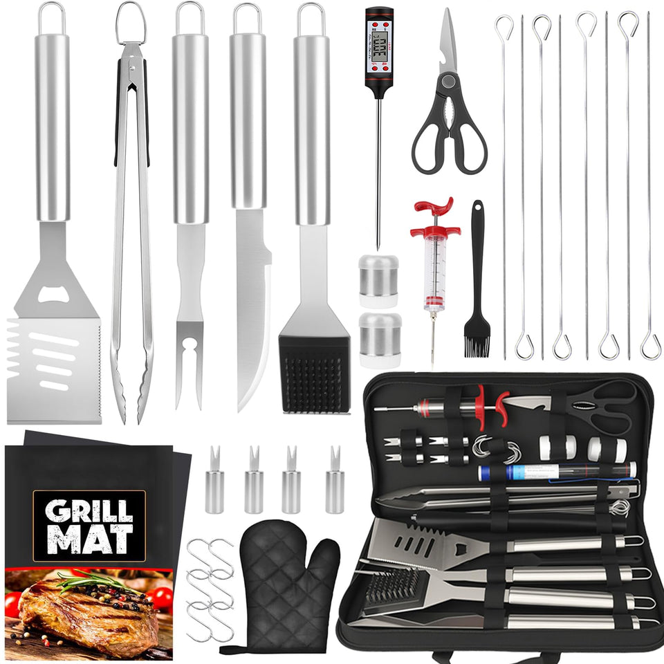 SINZUX 32-piece grill set shown with tools and case for organized outdoor cooking