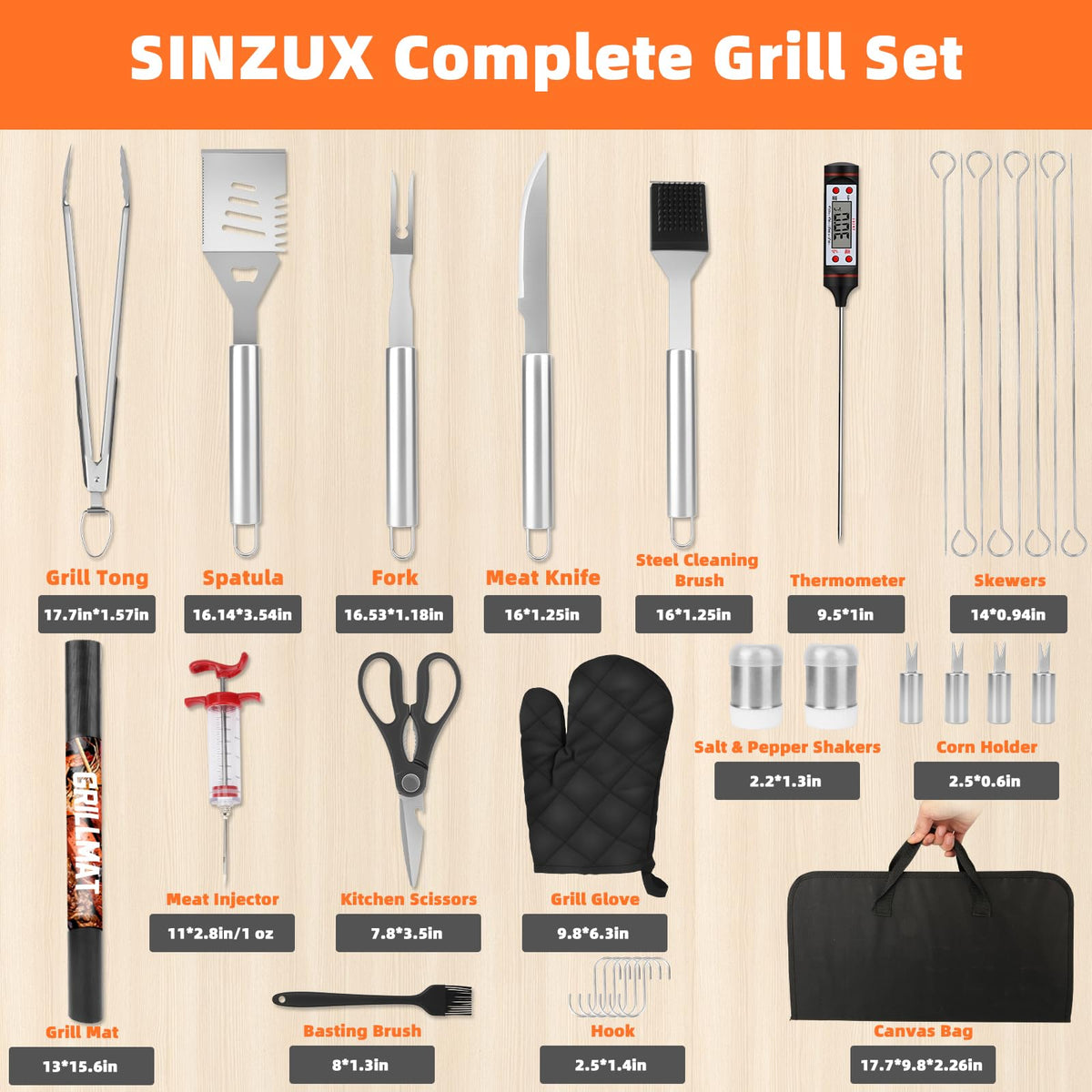 SINZUX heavy-duty stainless steel tools emphasizing durability for frequent grilling