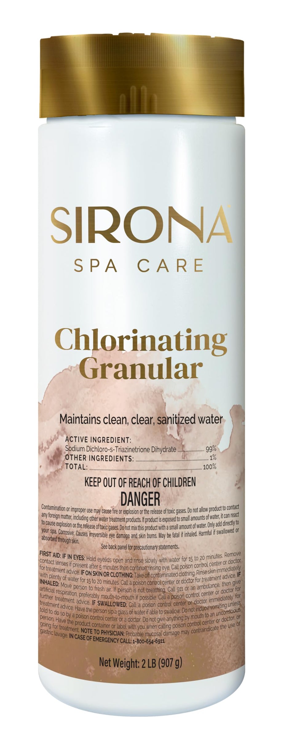 Sirona 82132 chlorinating granules bottle demonstrates spa sanitizer for clear water