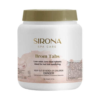 Sirona Brom Tabs 1250cc packaging highlights a low-odor spa sanitizer.