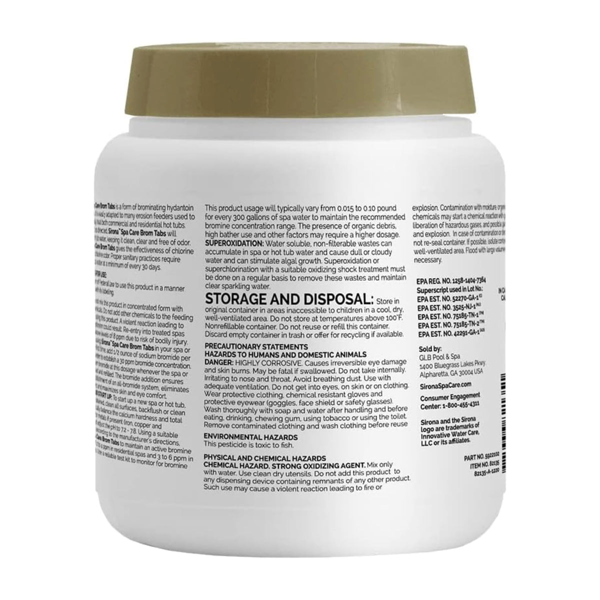Close-up of Sirona Brom Tabs 1250cc tablets for clear spa water.
