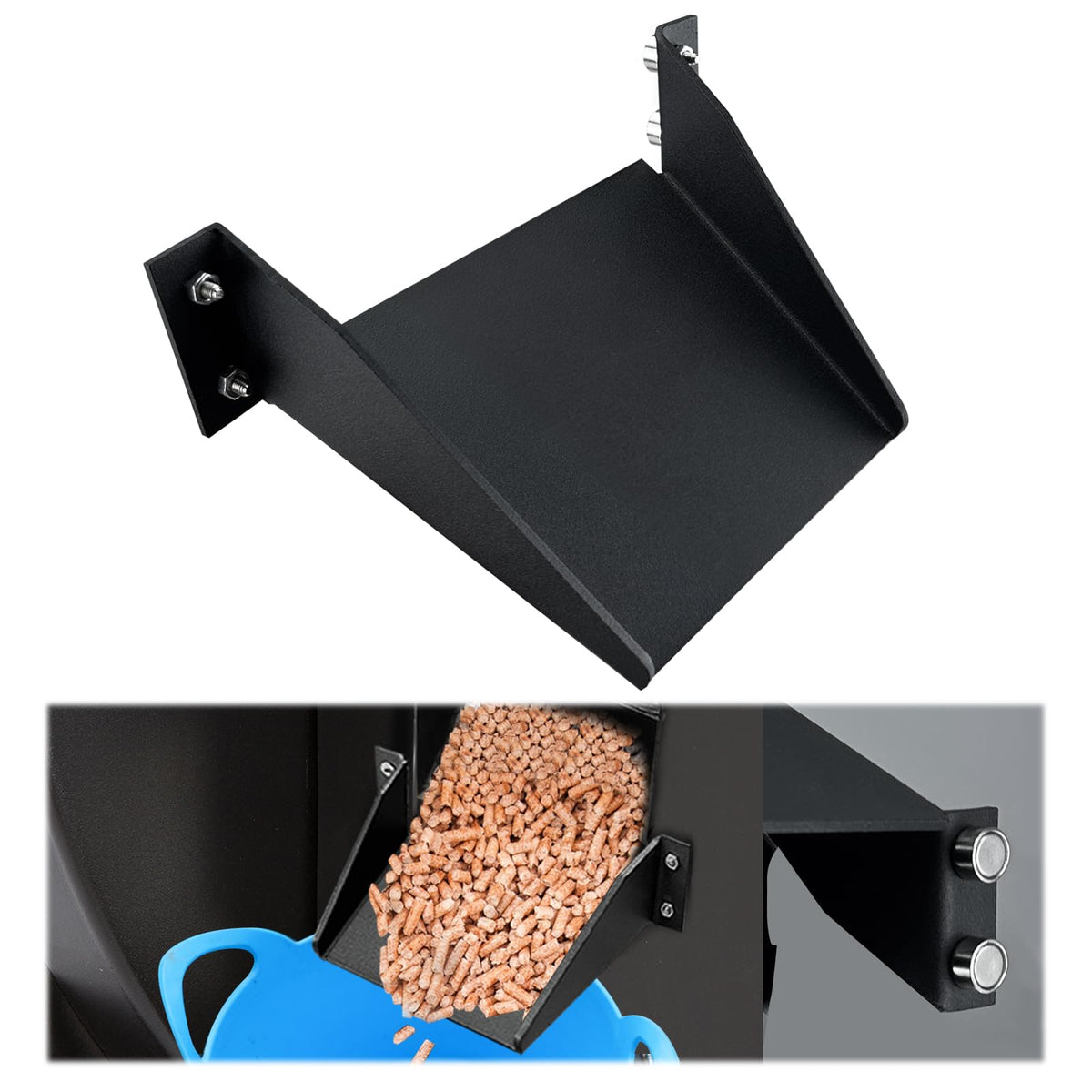 Sirozi Pellet Helper Chute positioned under the Traeger discharge port for easy cleanup.
