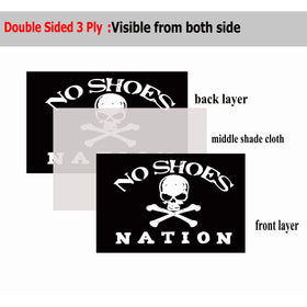 Sirrail No Shoes Nation pirate flag 3x5 heavy-duty construction withstands outdoor use.
