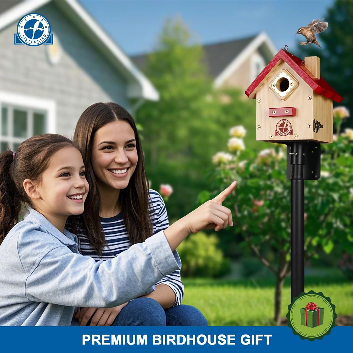 SISTERBIRD Wren Bird House classic cabin design complements outdoor spaces.