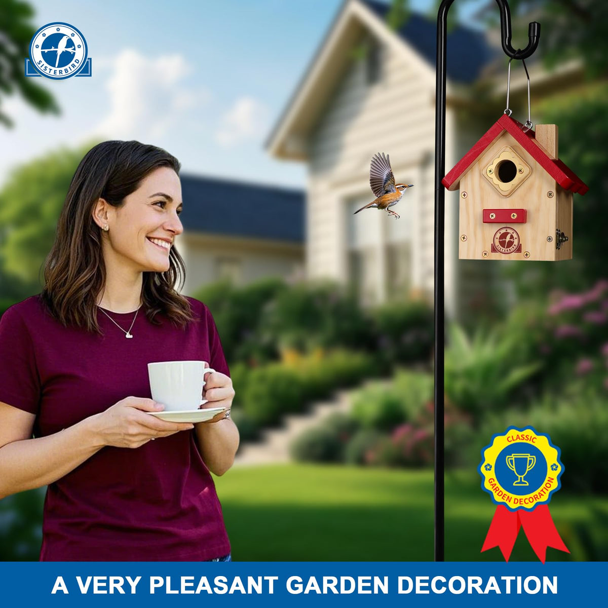 SISTERBIRD Wren Bird House provides stable hanging-ready installation on trees or posts.