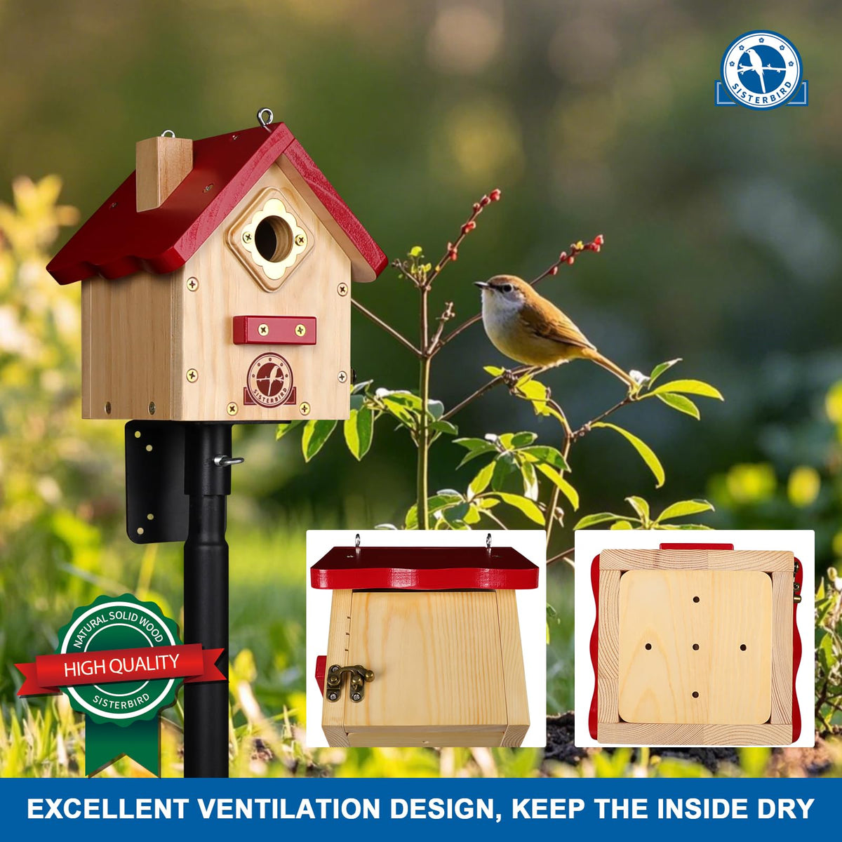 SISTERBIRD Wren Bird House wooden exterior showcases classic cabin charm for gardens.