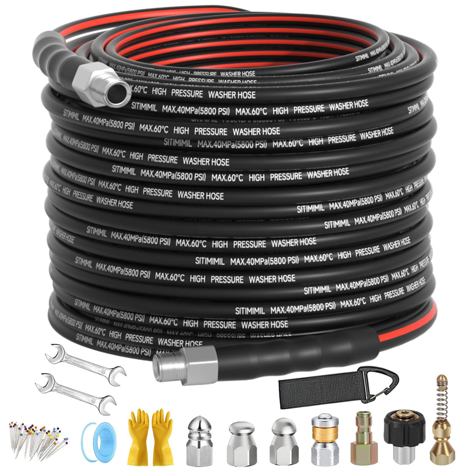 SITIMIMIL sewer jetter kit hose demonstrates high-pressure reach for blockages.