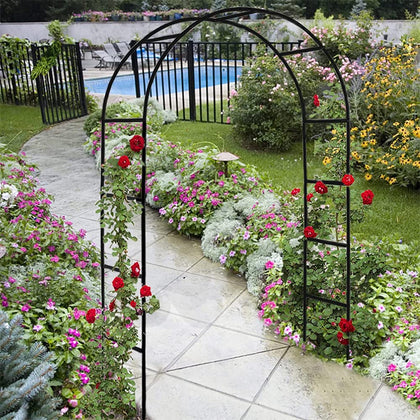 Siuchuen garden arch trellis shows sturdy steel frame and simple assembly.