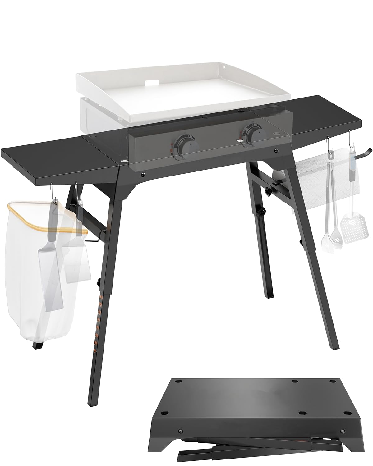 Sivsis Blackstone stand with side shelves and hooks for organized grilling.