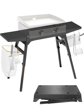 Sivsis Blackstone stand with side shelves and hooks for organized grilling.
